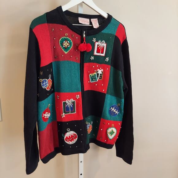 Basic Editaions Holiday Christmas Sweater Size XL Full Zip Beaded Ornaments - Picture 2 of 8